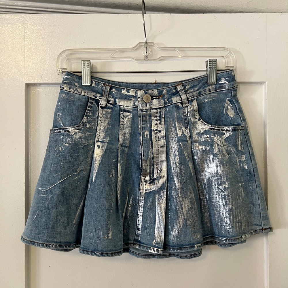 Denim Skirt with White Paint Splatter